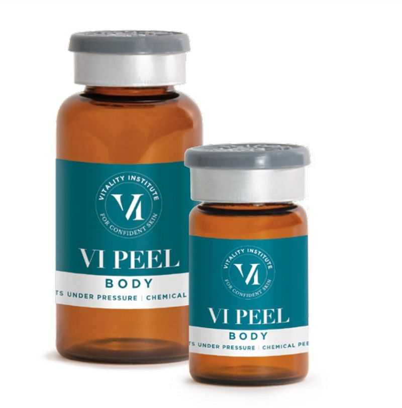 VI Peel Body bottles with blue labels, used for chemical skin treatments.