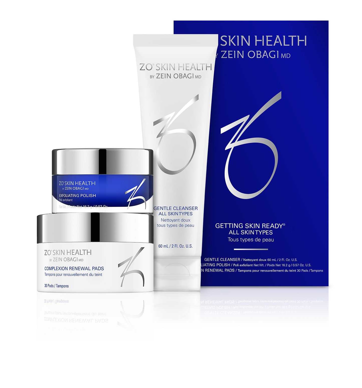 ZO Skin Health skincare products, including cleanser, renewal pads, and exfoliating polish.